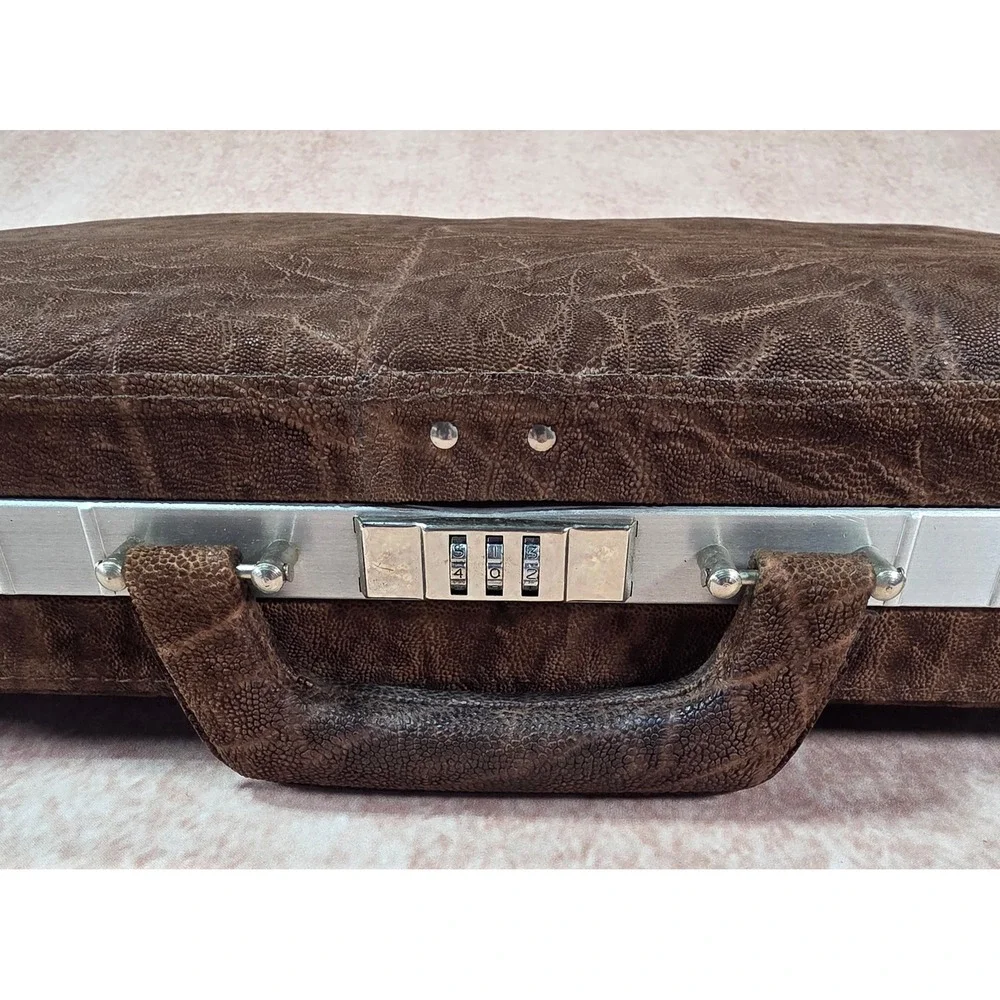 Vintage Elephant Embossed Leather Attache Briefcase Combination Lock Brown Case